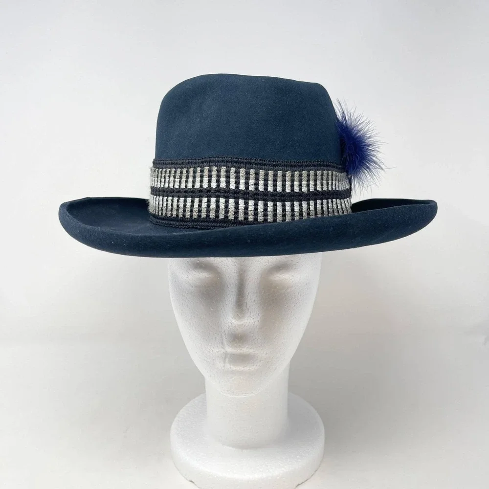 Bailey New West Gambler Cowboy Hat Navy Blue Wool Felt Feathers Curled Brim S